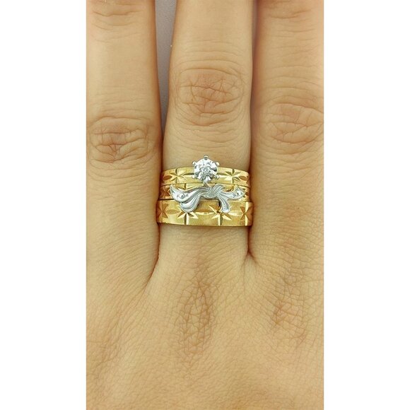 Genuine Diamond Trio-Wedding Set Rings 14k Gold - Picture 9 of 11